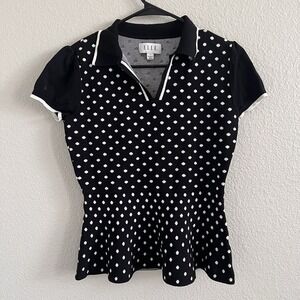 Elle Large Black Polka Dot Peplum Top Collared Retro Vintage Inspired Feminine